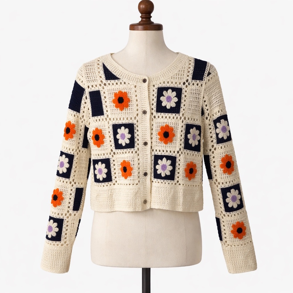 Dreamers By Debut Granny Sq Floral Open Knit Crochet cardigan cropped size M/L